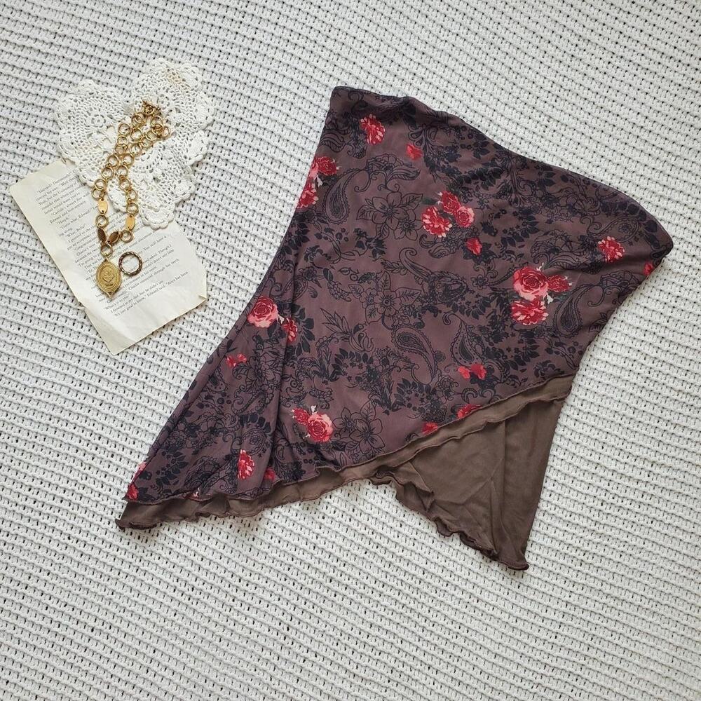 Y2k inspired micromesh asymmetrical brown and red floral paisley top